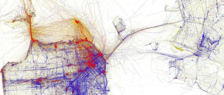 A map of San Francisco showing picture taking density by locals (blue) and tourists (red).