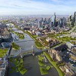 A rendered view of a future city.
