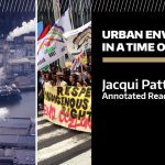 A composite image of climate justice issues and Jacqui Patterson speaking.