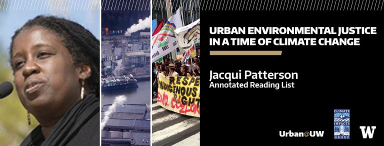 A composite image of climate justice issues and Jacqui Patterson speaking.