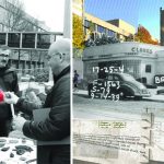 A collage of historical imagery at Site 1121 and Britton showing artifacts to visitors.