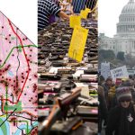 A collage showing protests, gun shows, town hall meeting, crime mapping, and medical personnel.