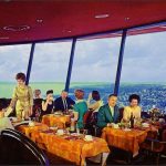 Vintage art piece of the inside of the space needle restaurant
