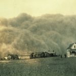 Dust storm approaching Stratford, Texas. Dust Bowl surveying in Texas.