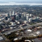An aerial view of Bellevue, Washington seen against the backdrop of Lake Washington.