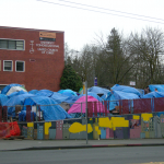 "Nickelsville" homeless encampment (named after Seattle Mayor Greg Nickels) towards the end of its 3-month stay in the parking lot of the University Congregational United Church of Christ in the University District, Seattle, Washington.