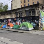 Tents line a street in Seattle's Pioneer Square neighborhood.