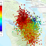 Episodic Tremor and Slip (ETS) event of August 2019. This plot of the first two weeks of this episode is color coded by time (blue earliest, red latest).