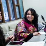 Jessica Hernandez, a Ph.D. student in the University of Washington's School of Environmental and Forest Sciences, interviews UW senior Victoria Jackson for her podcast ‘Indigenizing Urban Seattle’ on Nov. 18, 2019.
