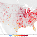 The temperature difference between urban areas and surrounding vegetated land due to the presence of impervious surfaces across the continental United States.