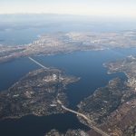 An aerial view of some of the water ways of Puget Sound.