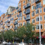 A brightly colored apartment building in downtown Seattle.