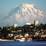 A picturesque view of Tacoma showing Mt. Rainier in the background.