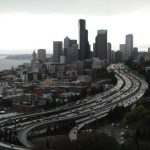 Seattle skyline and I-5 looking north from PAC building in November 2008.