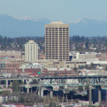 A view of the University District from afar centered around the UW Tower.