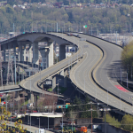 The closed West Seattle Bridge undergoing repairs, as seen from 33rd Avenue Southwest, April 2020.
