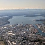Aerial view of Tacoma, Washington, the Port of Tacoma, and Commencement Bay. April 2018.
