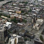 The Chinatown and Japantown portions of the Chinatown–International District in Seattle, as seen from the Columbia Center, May 2019.