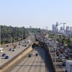 Traffic on Interstate 5 southbound approaching Downtown Seattle on the Ship Canal Bridge, as seen from NE 45th Street in the University District, May 2015.