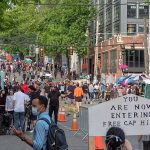 Western entrance to the Capitol Hill Organized Protest area, between 10th and 11th on Pine St. in Seattle, Washington.