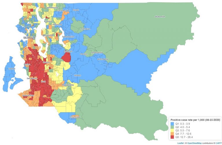 Positive cases of COVID-19 per 1,000 residents in King County census tracts as of August 23, according to the team's research. Values range from red (highest) to blue (lowest).