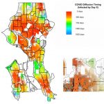 Map of Seattle, with neighborhoods delineated, showing the individual locations of residents as colored dots. The color is the timing of infection spread, with red occurring first, and blue occurring last. Black means no infection (this can be seen more clearly on the zoomed-in figure around Capitol Hill). In the zoomed-in map of Capitol Hill in the lower right, dots represent residents and colors again represent infection timing; social connections are shown as gray/black edges.