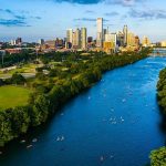 Aerial Drone view above Lady Bird Lake Kayakers above Austin , Texas , USA Summer Fun on the Lake 2019