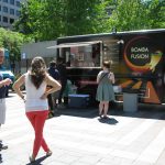 Bomba Fusion food truck on the right with a small line forming at Westlake Park.