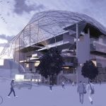 Students walk towards a reimagined Gould Hall at the University of Washington, which has a transparent membrane as a roof.