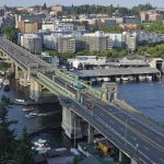 Looking northeast at the University Bridge from the taller Ship Canal Bridge, both of which cross the Lake Washington Ship Canal in Seattle, Washington, United States.