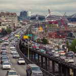 Bumper to bumper traffic on the Alaskan Way Viaduct in Seattle, WA.