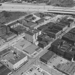 Black and white aerial of International District, Seattle, Washington, 1969.