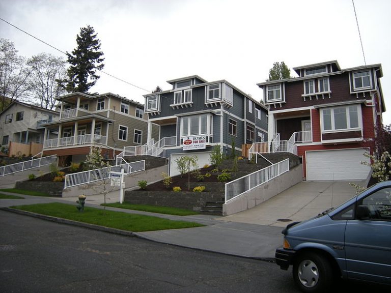 Recently constructed houses in the Craftsman style in the 300 block of 16th Avenue, Squire Park, Seattle, Washington, USA.