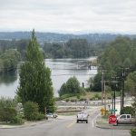 A view of the street and Snohomish River on the left, leaving Everett WA.