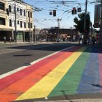 One of eleven permanent rainbow crosswalks in the Pike-Pine Corridor neighborhood of Seattle’s historically-gay Capitol Hill district. This one crosses the west side of E Pine St at Broadway. Photo taken in August 2015, about two months after the crosswalk was originally painted.