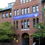 A view of the front of the Evans School of Public Policy building, on UW campus.