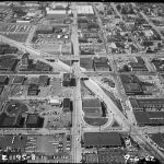 Black and white aerial of lower Queen Anne, 1962. Featuring Broad and Mercer, looking west.