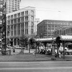 Pioneer Square, Seattle, Washington, 1960. First Avenue and Pergola in foreground, various buildings in background