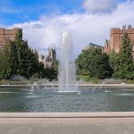 Johnson Hall, Gerberding Hall, Suzzallo Library, Mary Gates Hall and the Drumheller Fountain on the campus of the University of Washington
