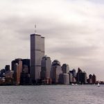A view of the World Trade Center and surrounding buildings from Jersey City, in 1999.