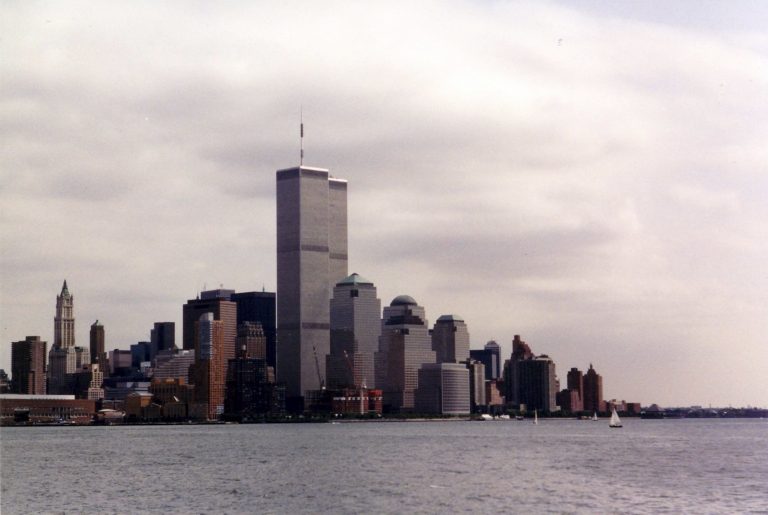 A view of the World Trade Center and surrounding buildings from Jersey City, in 1999.