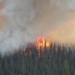 Mountain at Ahtanum State Forest in July 2009, engulfed in flames with surrounded by smoke clouds.
