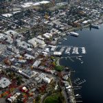 The downtown waterfront area of Kirkland, Washington, on the shores of Lake Washington.