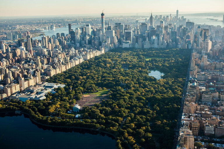 New York City as seen from a drone, Central Park in the foreground.