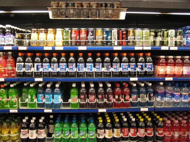 refrigerated display of beverages at a grocery store