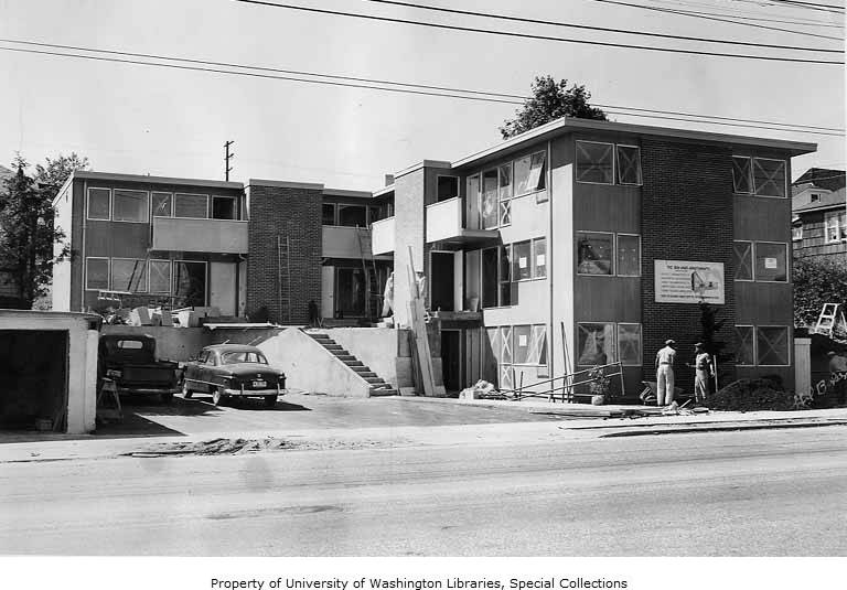 Image from 1950 showing the construction of a nine unit apartment complex designed by Benjamin McAdoo, Jr.