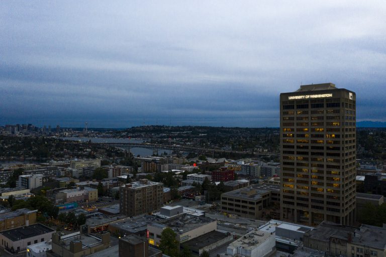 Aerial photograph of the University District neighborhood in Seattle at dusk.