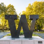 Bronze W at the entrance to the University of Washington Seattle campus.