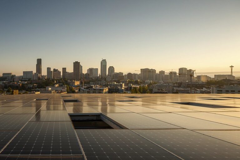 Downtown Seattle skyline viewed from a roof with PV panels