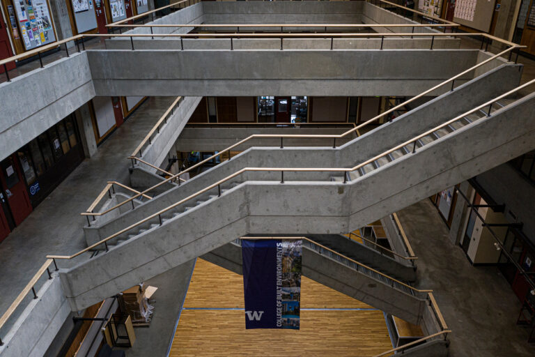 Inside of Gould Hall via a drone
